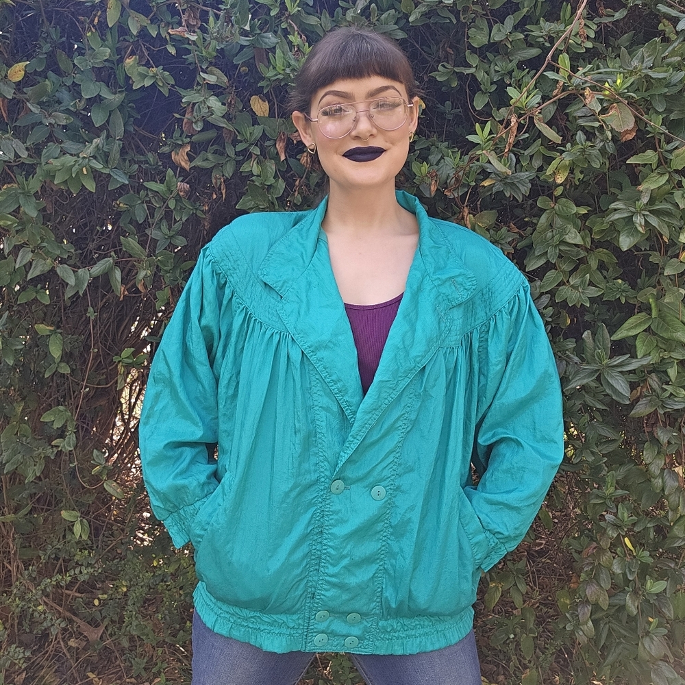 80's Vintage Turquoise Nylon Windbreaker Buttoned Jacket By Abraxas